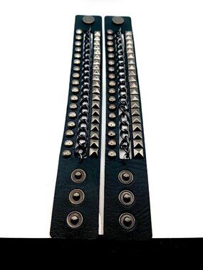 Black Studded Vegan Leather & Metal Chain Bracelets - lot of TWO New